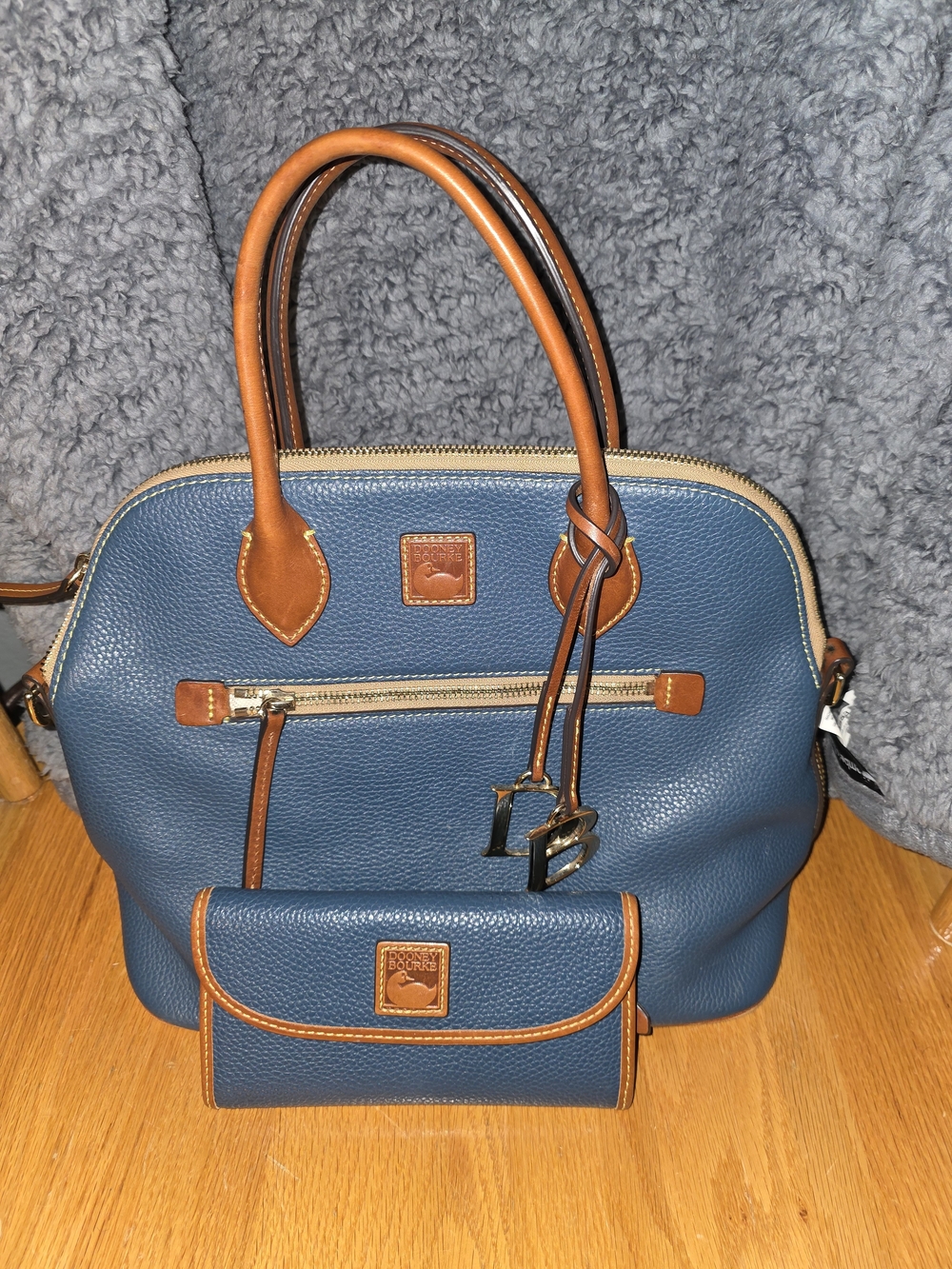 Dooney & Bourke Blue Pebbled Leather Domed Satchel with Tan Trim